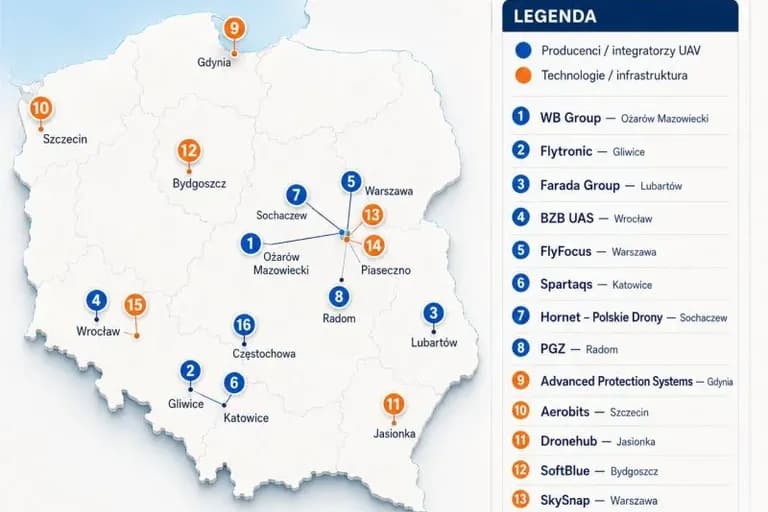 A 2026 map of selected Polish drone companies. Blue markers: UAV manufacturers and integrators. Orange markers: technology and infrastructure. Dronehub is mapped under technology and infrastructure, in Jasionka.