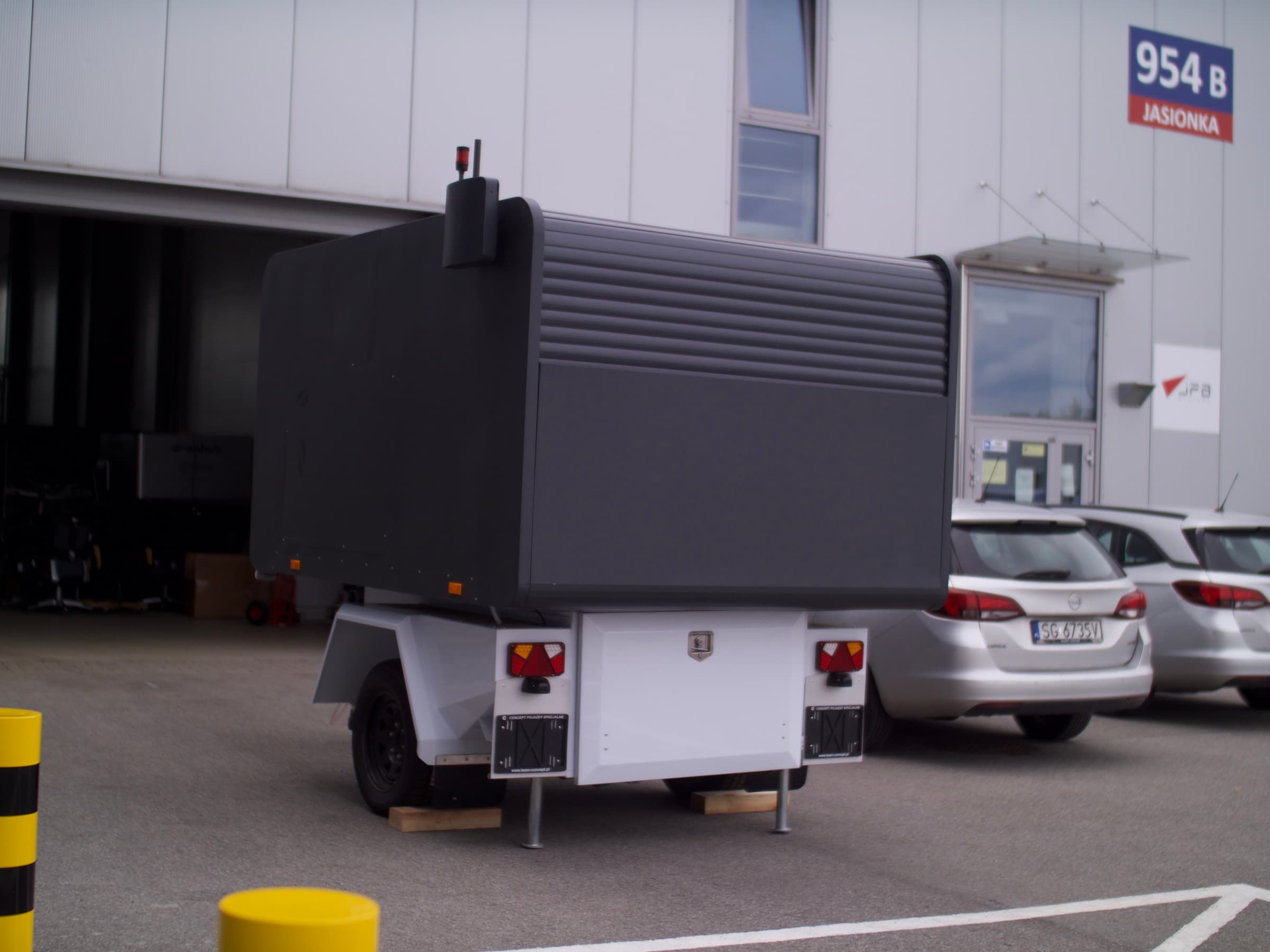 A Dronehub mobile hub — the vehicle-deployed drone-in-a-box charging and docking station.
