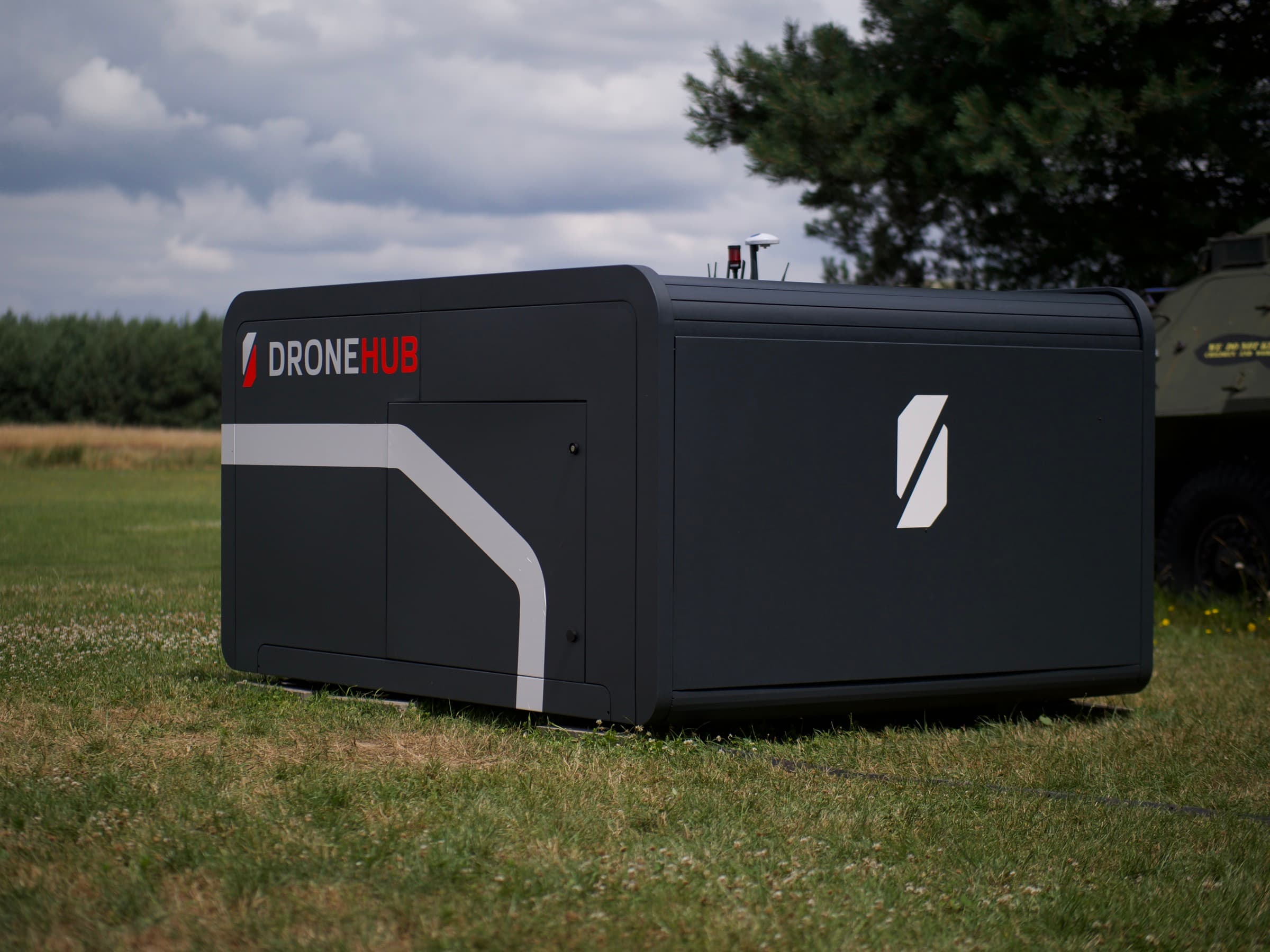 Profile view of the Dronehub stationary monitoring hub autonomous docking station